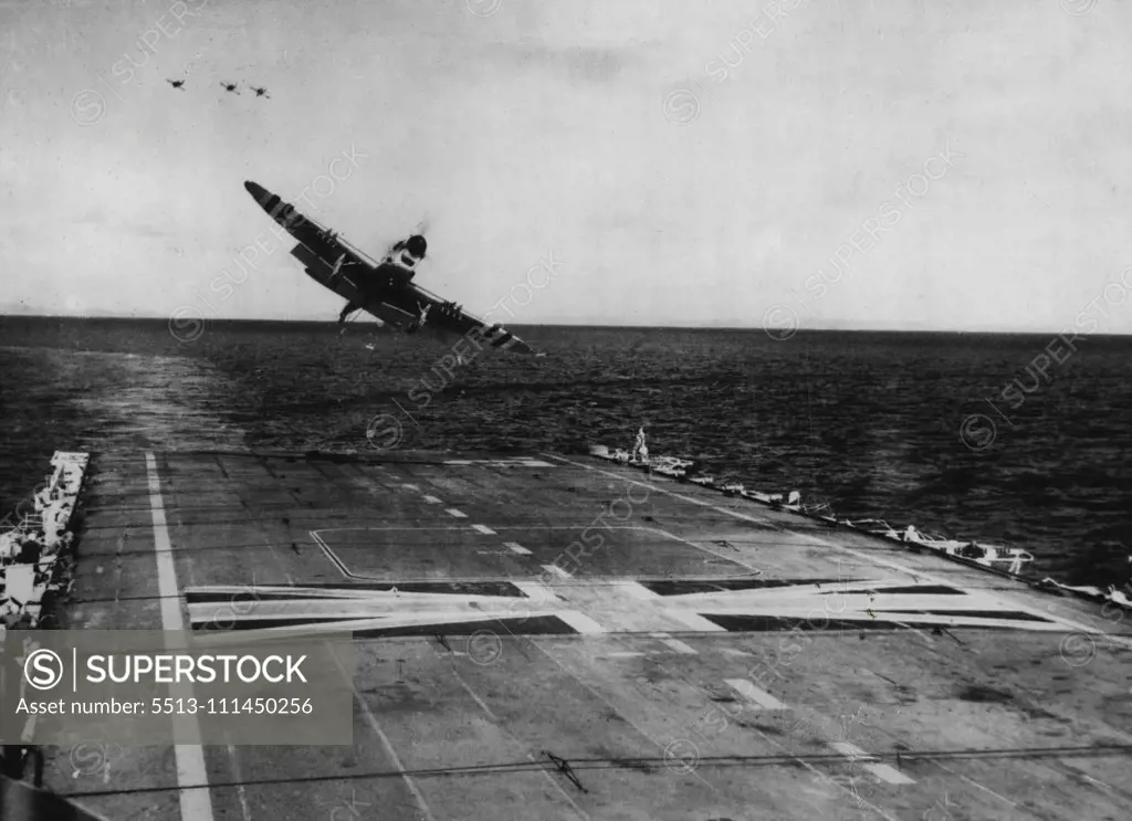 A Firefly aircraft returning from an armed reconnaissance mission over the West coast of Korea. Official pictures from the aircraft carrier Triumph (Captain A.D. Torlesse) taken during operations in Korean Waters. September 8, 1950. (Photo by British Official Photograph).