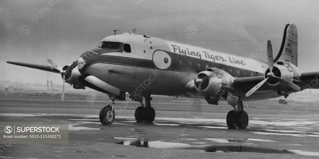 A Flying Tiger migrant Skymaster an arrival at Kingsford Smith airport with Boeing and from Bremen, Germany. The flying tiger line was originally formed by the American wartime flying tiger after the war - has since changed hands. Operate world-wide charter service. February 06, 1951.