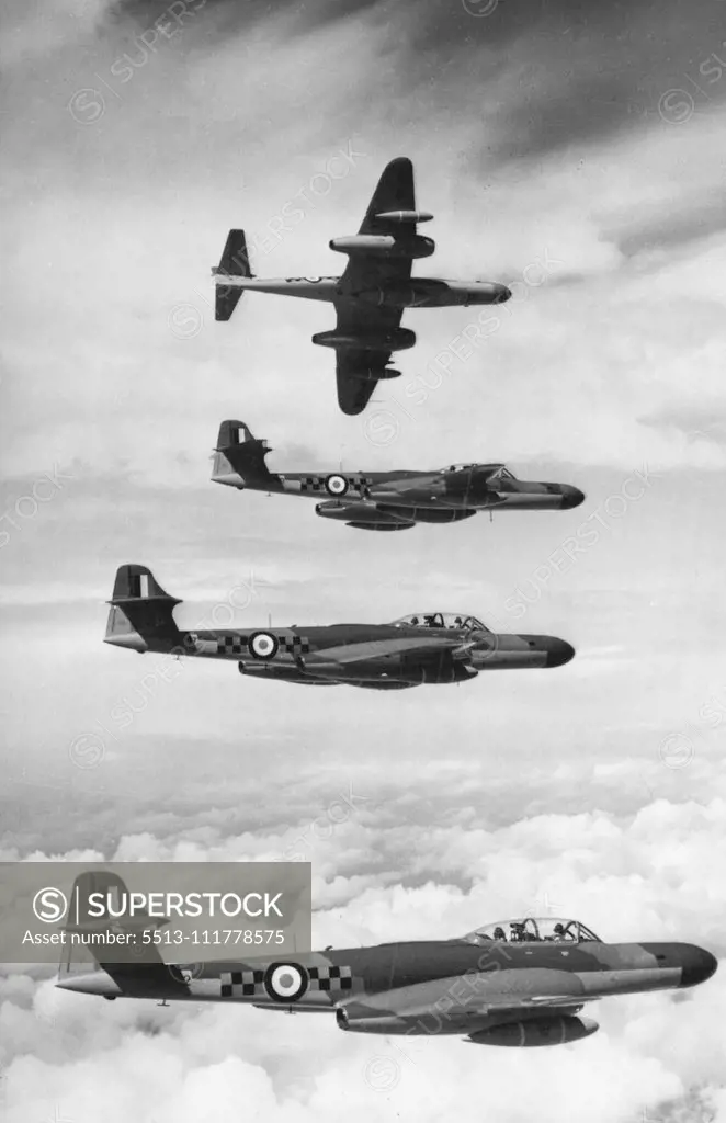 Meteors of the Air. A striking picture of four Meteor N. F. 14 Night Fighters in a formation flying exercise over southern England. One of the first pictures to be released showing the latest and fastest version ***** the famous "Meteor" jet fighter to be produced - the Mark N.F. 14 Night Fighter now in R.A.F. Squadron service. This aircraft was recently described by the Air Minister as "the most effective night fighter that exists". June 27, 1954. (Photo by Sport & General Press Agency, Limited