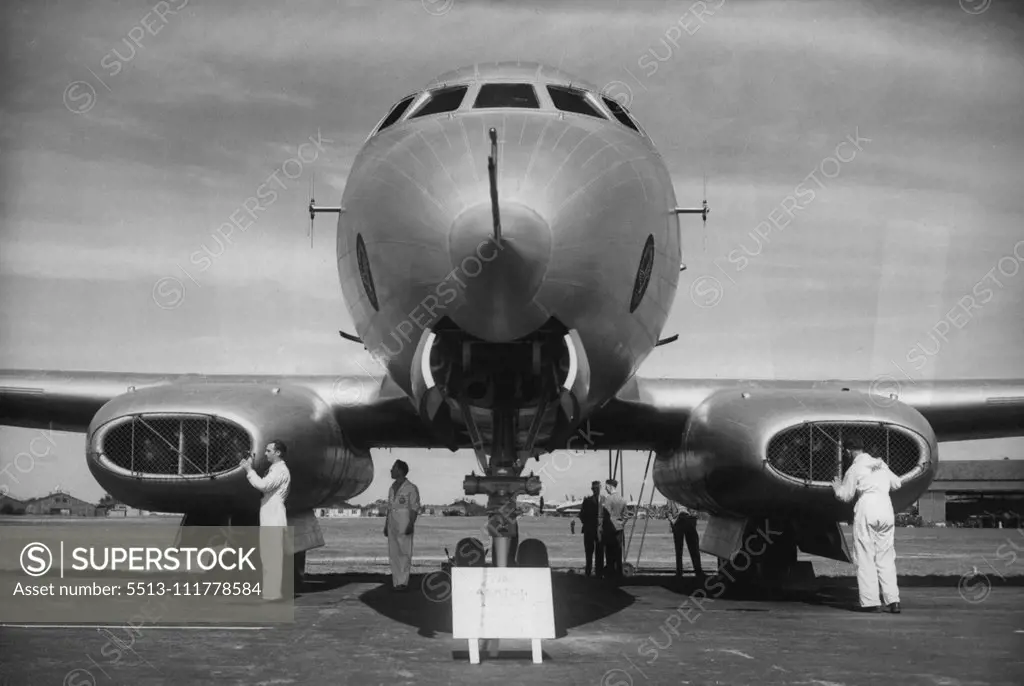 'Flying Laboratory' at the Big Air Show Sleek lines of the Avro Ashton, four-jet experimental aircraft, seen at Farnborough Aerodrome, Hampshire, to-day (Tuesday) - dress rehearsal and technicians day of the 11th Flying Display and Exhibition of the Society of British-Aircraft Constructors, which opens tomorrow. Six Ashtons have been ordered by the Ministry of Supply for research into the characteristic of high-altitude jet flight. A version of the Tudor airliner, it is one of 25 new aircraft am