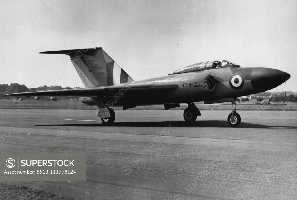 Flying Display And Exhibition Opens Today At Farnborough Aerodrome, Hants. The Gloucester Javelin, two seat, all weather and night-fighter, powered by two Armstrong Siddley jet engines, about to take off at Farnborough. Large crowds today attended the 1953 Flying Display and Exhibition, showing the products of the Members of the Society of British Aircraft Constructors, which opened today at Farnborough Aerodrome, Hants. September 07, 1953. (Photo by Fox Photos).