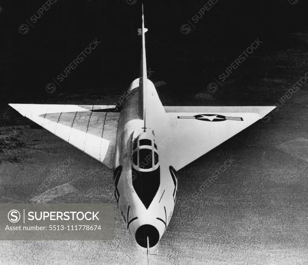 A Dart Over The Desert -- A photographer in the tail gunner's position in a B-25 bomber captured this head-on flight view of convair's XF-92A research interceptor high over California's Mojave desert. The picture is the first of its kind released. The plane, being piloted by Maj. Charles E. Yeager, first man to fly faster than sound, is the fore-runner of the XF-102 supersonic delta wing interceptor recently ordered into production at Convair's San Diego plant. Parallel lines on wing at left ar