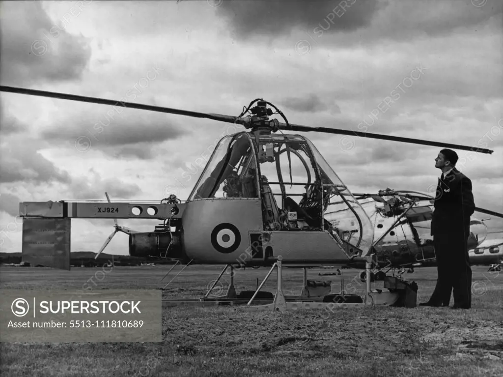 Farnborough 1955 -- the Fairey Ultra Light.. one of the smallest helicopters.. will be used by the army. The Farnborough air show opens today. Organised by the society of British aircraft constructors it includes many new planes and overall continues to show the world what Britain can do in the air. September 5, 1955. (Photo by Paul Popper Ltd.).