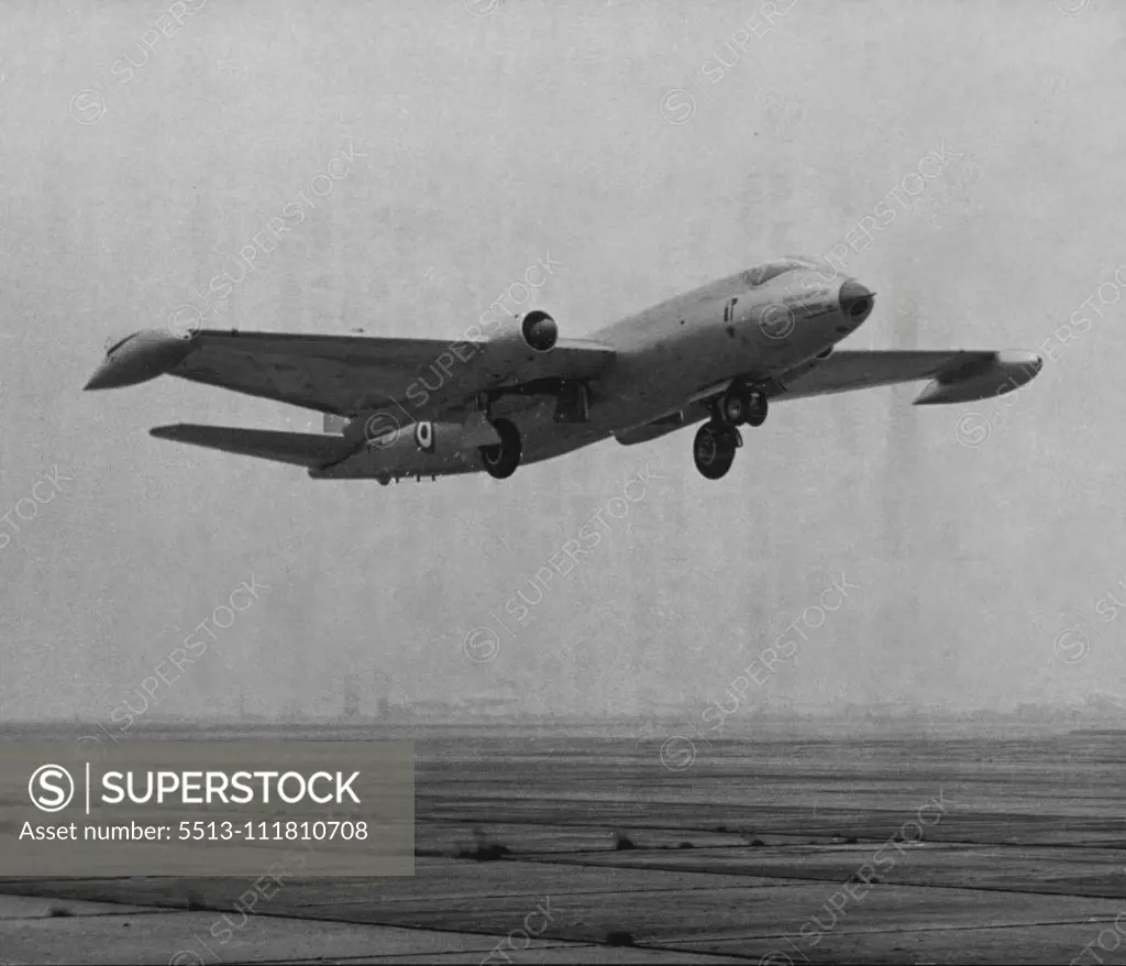 Canberra Tries For Two-Way Record -- The Canberra Bomber taking off London this morning. A Canberra medium jet bomber left London Airport today in an attempt to fly to New York and back in one day. At the controls was captain John Hackett, former RAF coastal command pilot. With him was Mr. Peter Moneypenny, 31-year-old Navigator. The two men already set up 15 unofficial Canberra records together. They hope to reach New York in seven-and-half, hours and to be back in London by teno's clock tonigh