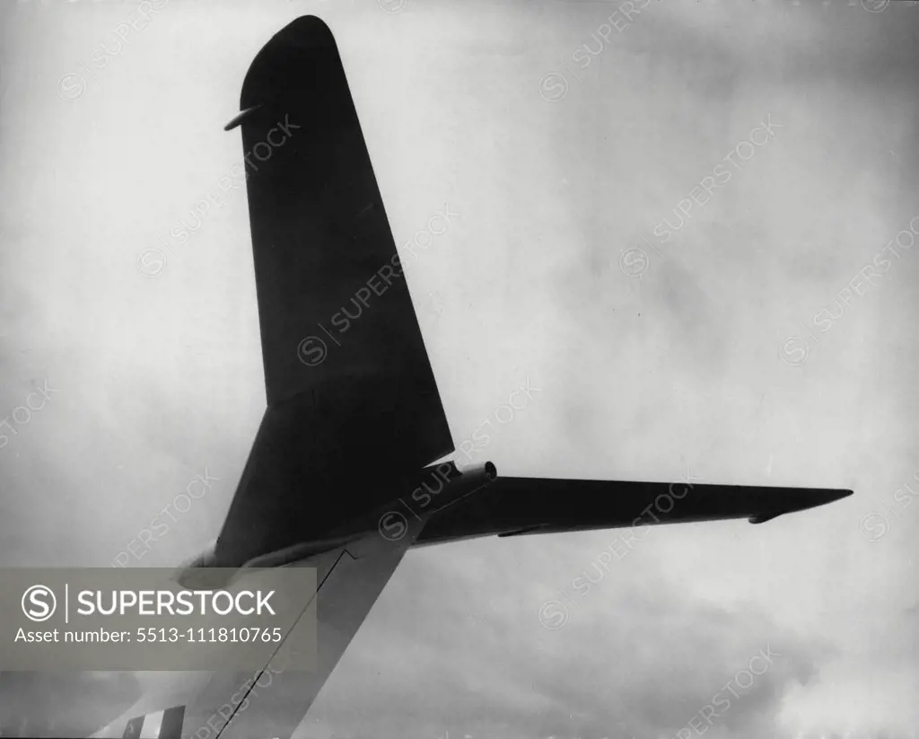 Air Show Shape Towering towards the sky, it looks like a new fighter plane. Actually, it is just the tail plane of a Handley Page Victor bomber, at Farnborough, Hampshire, today (Sunday) ready for the Air Show being held from tomorrow until next Sunday (October 11). September 04, 1955. (Photo by Reuterphoto).