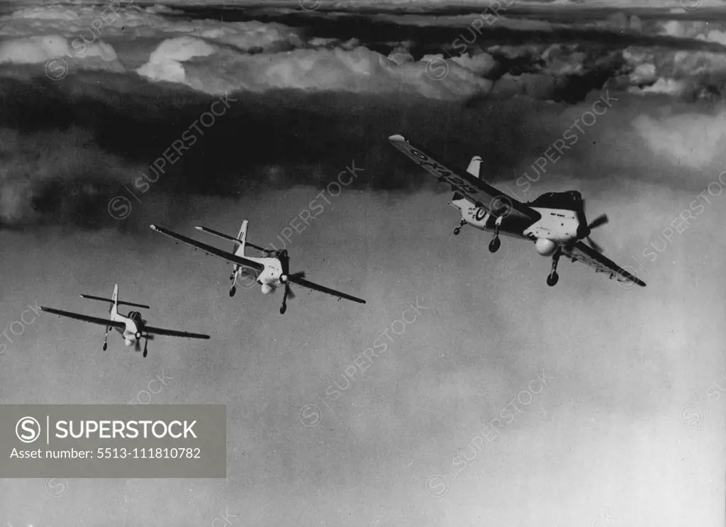 Sub. Seekers - Small, but deadly, anti-submarine planes are these Short Seamew aircraft, pictured in formation. The first Coastal Command unit to be equipped with the new planes will be forming in January 1956. The Seamew, powered by an Armstrong Siddeley Mamba turbo-prop engine, carries a crew of two and can operate from make shift runways, such as golf courses and beaches, and all types of carrier ships, including converted merchanrmen. It is simple, light, robust and easy to handle and mainta