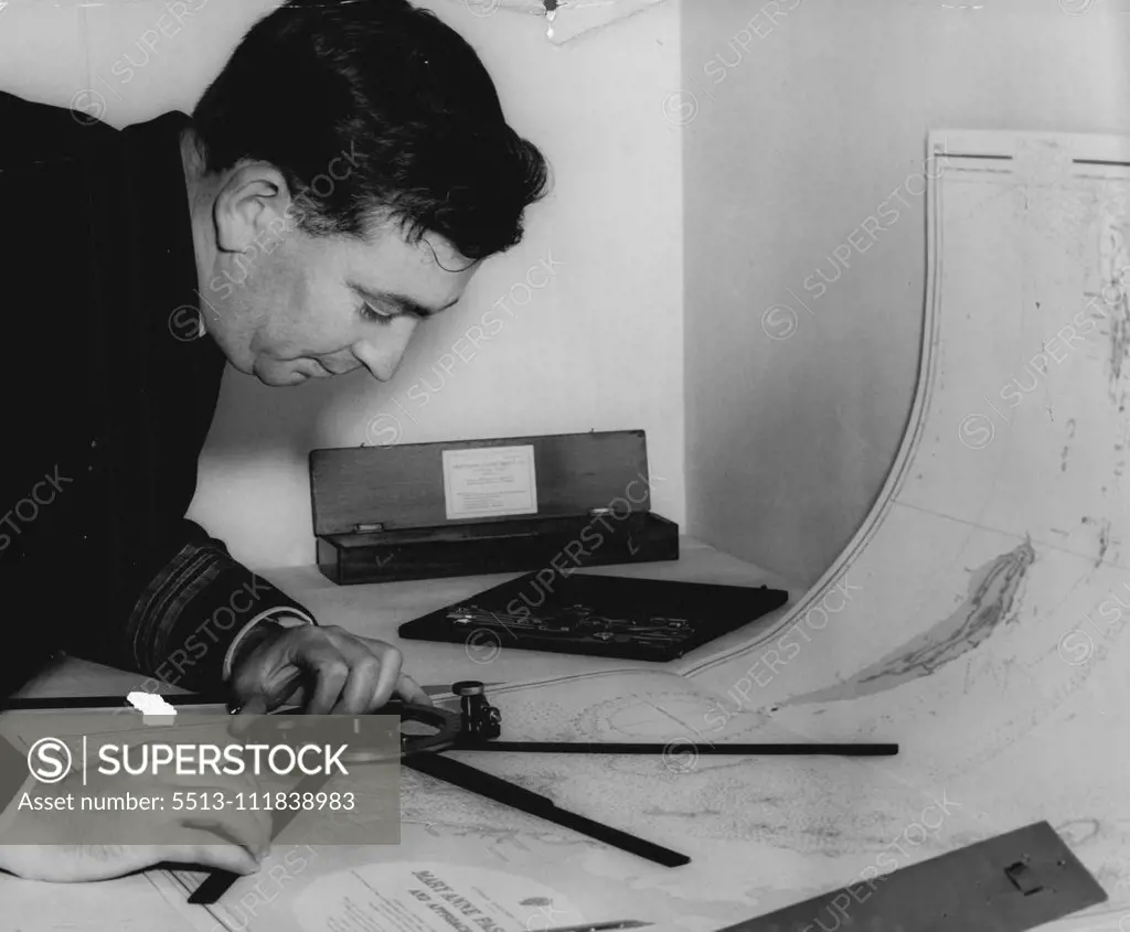 Not To Be Heed Until News Announced -- Not Commander R. J. Hardstaff, deputy senior officer Ran Hydrographic service and superintendent of the chart depot, checking a chart for HMAS warrego which is leaving to carry out survey duties in the monte bello area in connection with the projected atom bomb explosion. September 15, 1955. (Photo by Ronald Leslie Stewart/Fairfax Media).