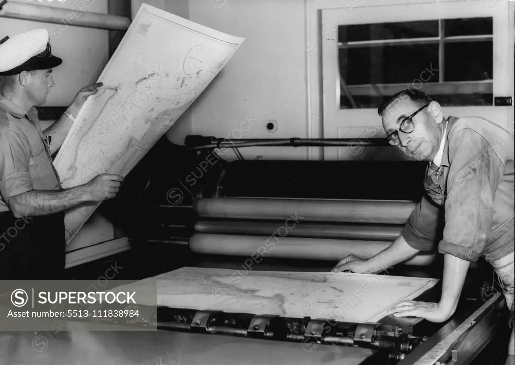 First Exmouth Gulf Charts -- The Ran Hydrographic printing office as garden is at present producing the first exmouth gulf charts to be available to the public. They will be issued as from Monday next. On right is Mr. J. H. Tepper, Lithographic printer who is printing the charts and left is petty officer W.R.Wallace, A Survey recorder who took part in the survey carried out by HMAS Barcoo. September 15, 1955. (Photo by Ronald Leslie Stewart/Fairfax Media).