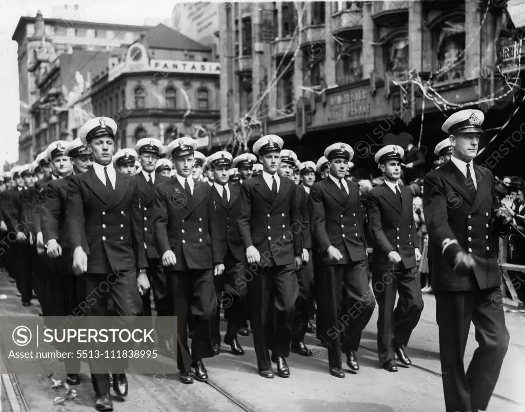 Petty Officers marching along Swanston SA just fast the saluting base. Trafalder Day. October 21, 1941.