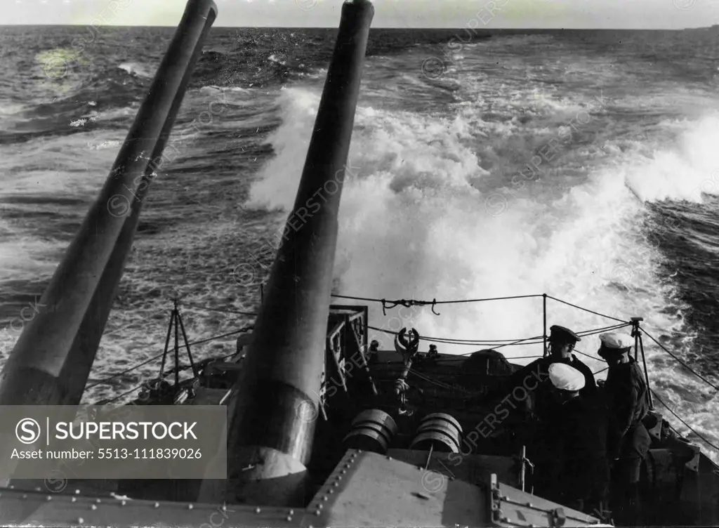 Built in Australia for the Royal Australian Navy, a new destroyer was recently put through gruelling trials off the N.S.W. coast. The stern wash created by the vessel at full speed. January 16, 1944.