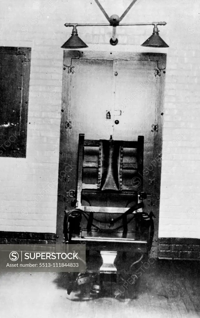 Hauptmann's Death Chair -- The Electric Chair in which Bruno Hauptmann is to be executed for The Kidnap Slaving of The Lindbergh Baby, unless he wins a last-minute reprieve, seen in the execution chamber of The State Prison in Trenton, N.J. Hauptmann has been sentenced to die the night of January 17. February 24, 1936. (Photo by Associated Press Photo).;Hauptmann's Death Chair -- The Electric Chair in which Bruno Hauptmann is to be executed for The Kidnap Slaving of The Lindbergh Baby, unless h