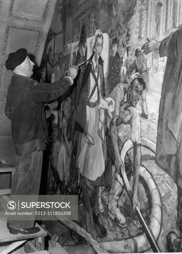 Repairs And Improvements To Old Bailey -- Working high up on the West Wall of the Grand Hall at the Old Bailey, Professor Gerald Moira, 83-year-old artist, works on a mural depicting the 'blitz' of London, showing the damaged Central Criminal Court and featuring Civil Defense. He painted murals when Old Bailey was built in 1906. The Corporation of London is executing extensive repairs and improvements to the Central Criminal Court (familiarly known as the Old Bailey), which was very badly damage