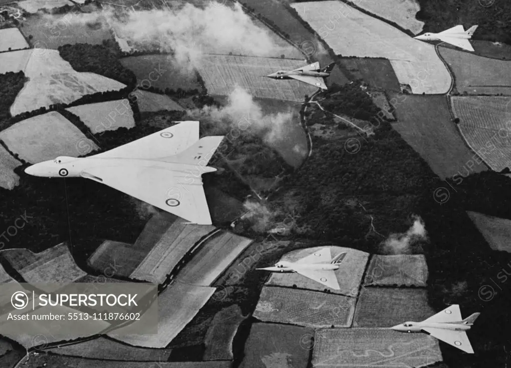 First Delta Formation -- For the ***** history, delta winged aircraft fly in formation - led by the mighty Avro Vulcan bomber - for the SBAC air show opening Farnborough to-morrow (Tuesday). Bottom right and top right are 707 As developed to test the new delta plan form in high speed flight. Top centre flies the 707B, first of the delta w1nged planes used to investigate low speed flying characteristics. Lower center is the two seat dual control 707C, designed to help pilots become familiar with 
