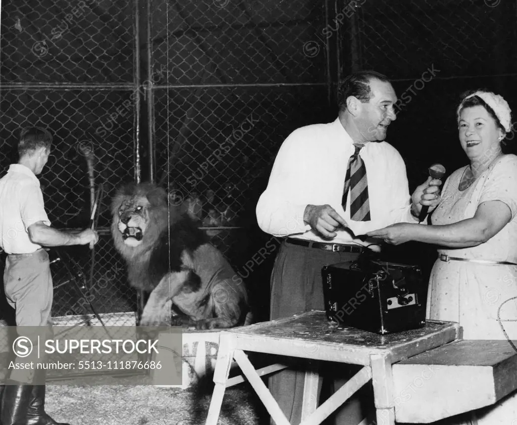 The Lion's Cage. Radio compere Dick Fair climbed in with the lions at Wirth's Circus last night to collect a cheque for £375/13/6 for the 2UE flood funds. Here he gets the cheque from Eileen Wirth as one of the lions looks hungrily on. It was the first time in the lion's cage for both Fair and Eileen Wirth. March 19, 1955.;The Lion's Cage. Radio compere Dick Fair climbed in with the lions at Wirth's Circus last night to collect a cheque for £375/13/6 for the 2UE flood funds. Here he gets the che