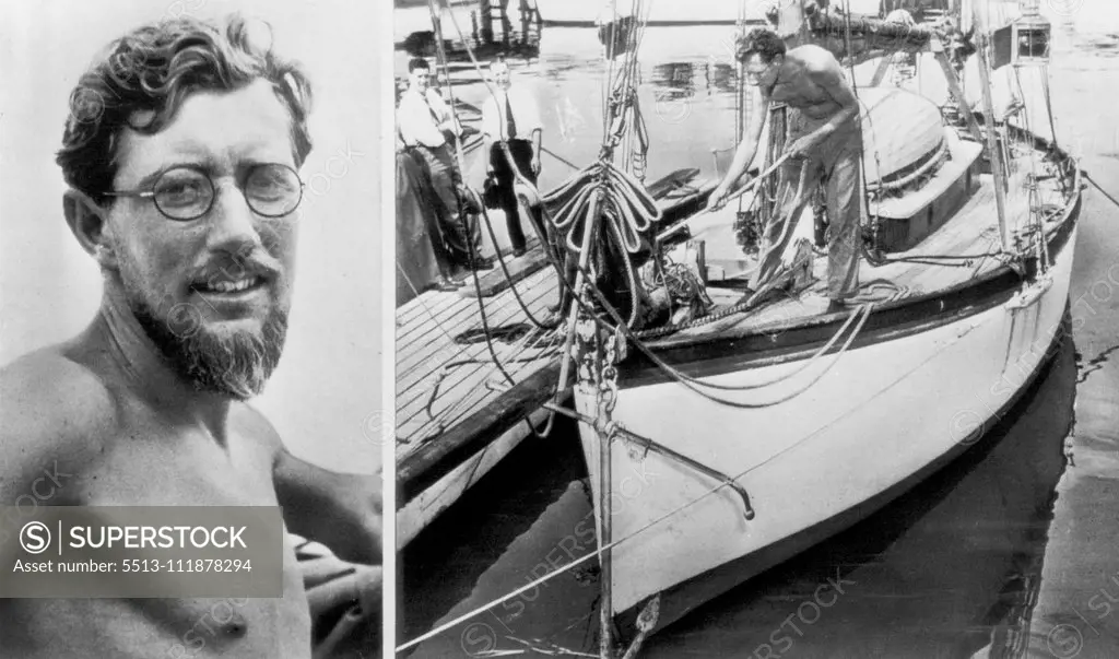 Lone Voyager And Seven - Ton Yawl In Which He Crossed Atlantic -- Edward C. Allcard, 34-year-old British naval architect, smiles from behind his heavy beard after he ended his 81-day voyage from Gibraltar at City Island here yesterday in his seven-ton yawl Temptress. Allcard, makes things shipshape aboard his little vessel while waiting for permission to land. Immigration authorities confined him aboard ship because he didn't have a passport, but hurried to arrange a visitor's permit for him. Al