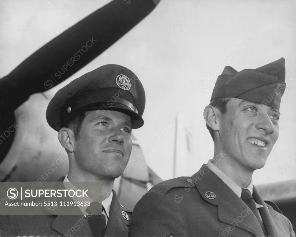 Two American airman Alton Childers 22 of Wyoming and Bruce Winston 20 of California who arrived in Sydney today with the US Air Force Globemaster. The boys got engaged in Melbourne. May 25, 1955.