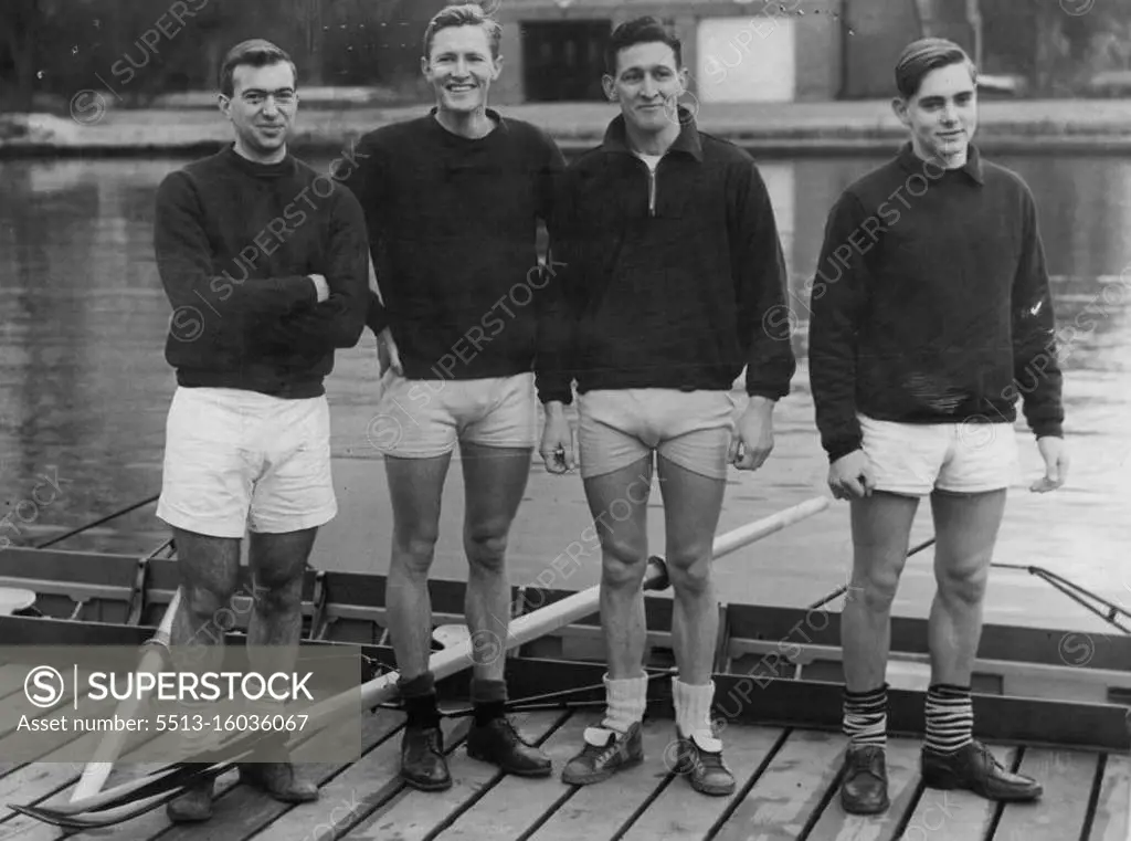 Four Australians who are eligible ***** selection in this year's Oxford Boat ***** crew - L to R: J. Gobbo, McLeod, Pain and Vine - during practise on the River Isis. Boat Race -- The Oxford crew in a last-minute training row for the classic race. Four Australians are almost certain to row in the Oxford eight in the 100th Varsity boat race against Cambridge on April 3. They are Ted Pain and Jim McLeod of Sydney, and Jim Gobo and Vincent Vine of Melbourne. They constitute the highest percentage from an overseas country experts can remember. January 15, 1954. 