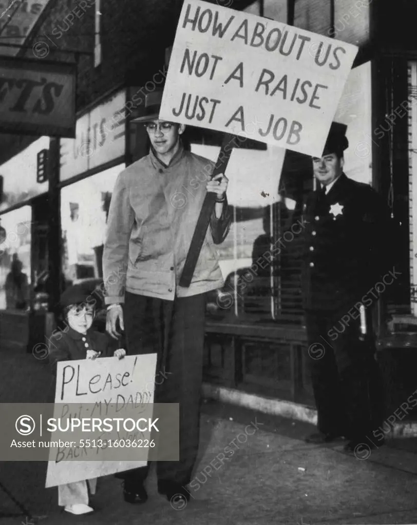 Picket Union Office -- Three-year-old Karen Geuther parades with her daddy, Jim Geuther, reservations clerk, in front of the Airline Pilots Association Union headquarters in protest against the strike of pilots, which has put Karen's dad on the temporarily unemployed list, when the white collar workers were furloughed without pay. Unemployment is totally unacceptable to a Christian conscience. Any Government which accepts or deliberately creates a pool of unemployment is unfit to govern. To load on to a section of the people, and those least able to bear it, the price of inflation, is immoral and unjust. October 25, 1946. (Photo by AP Wirephoto).