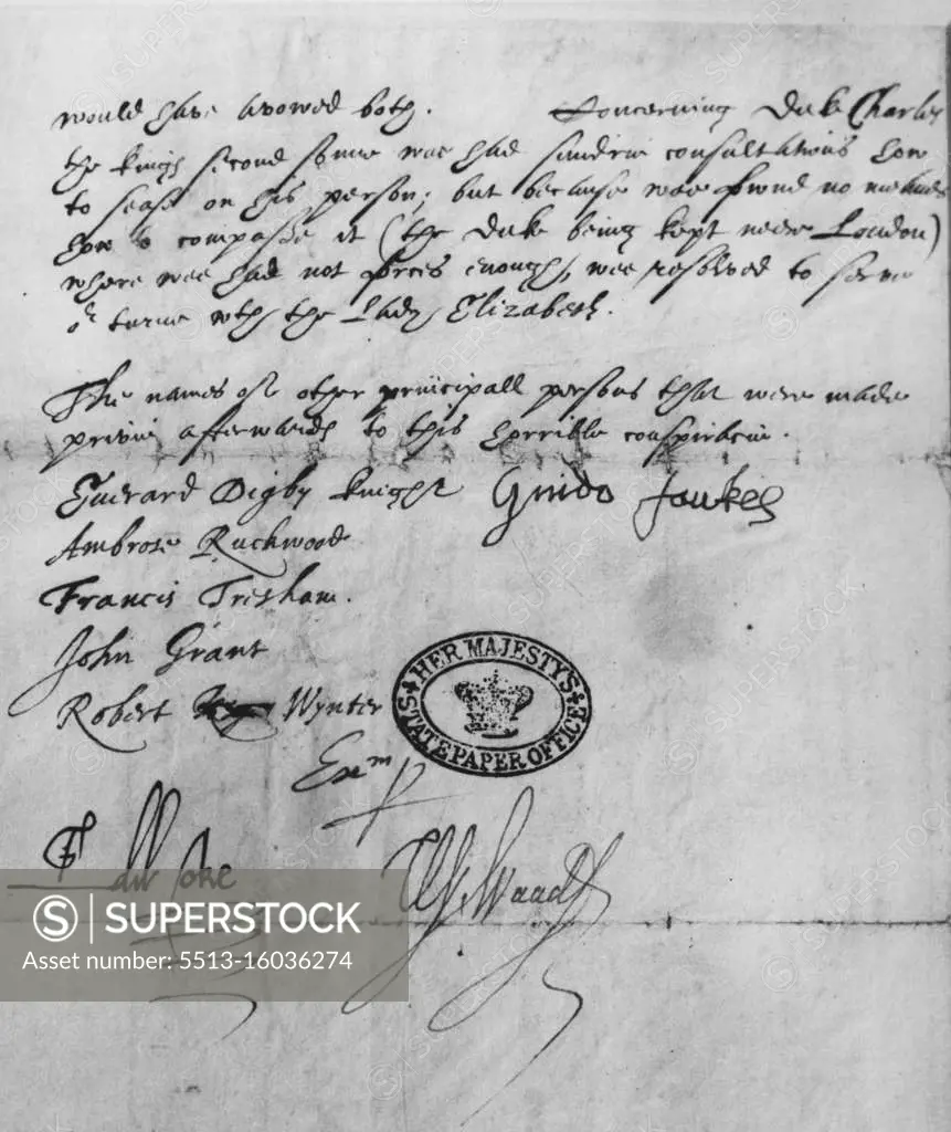 Illegible But Valuable-- Several centuries later, the signature of Guy Fawkes attests to the treatment he went through after the discovery of the "Gunpowder Plot" in 1606. Above it is a statement in which Fawkes admitted his part in the plot to blow up the Parliament, Following the discovery of the conspiracy. The signature is believed to have been affixed after torture, reads the label. April 15, 1947. (Photo by Wide World Photos). 