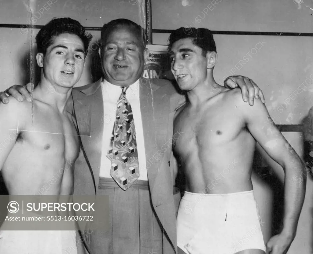 Jack "King" Solomons, the ***** given encouragement to both Scotland Peter Keenan world champion Vic Toweel after the weigh-in of their ***** scrap in Johannesburg last January. Keenan last ***** over the 15 rounds. March 4, 1953.