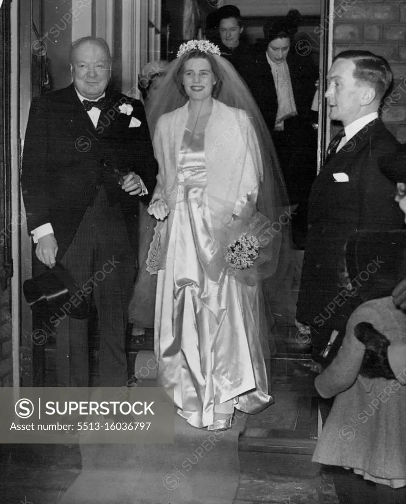 Mary Churchill's Wedding -- Mr. Winston Churchill and his daughter, Mary, leaving their home in Hyde Park Gate for St. Margaret's to-day, Tuesday. Miss Mary Churchill, youngest daughter of Mr.Winston Churchill and Mrs. Churchill, of Chartwell, Westerham, Kent, was married to-day, Tuesday, to Captain Christopher Soames, the Coldstream Guards, at St. Margaret's Westminster. The bride, who was given away by her father, wore a classic wedding dress of white slipper satin, the full skirt cut one with the train. Her crown of orange blossom was matched by an orange blossom bouquet. February 11, 1947. 