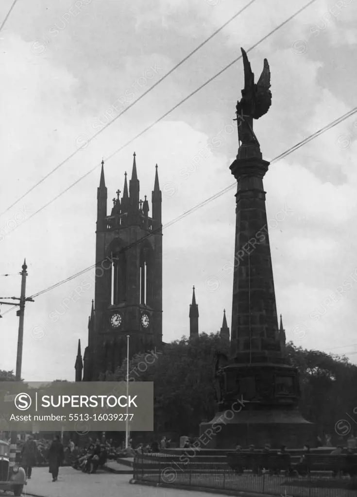 Newcastle-On-Tyne -- The South African War Memorial stand in Haymarket, with St. Thomas' Church in the background. September 03, 1951. (Photo by Pictorial Press). 