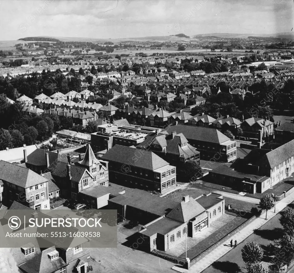 Worthing General Hospital - Aerial view of the hospital showing the Sussex Downs in the background. The oldest part ox the hospital buildings is the one with the turret in the centre back. The newest part is the children's ward seen right foreground near to the road. July 11, 1952. (Photo by Tom Blau, Camera Press). 