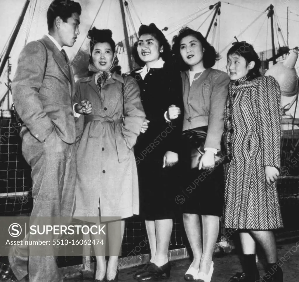 Hiroshima Bomb Survivors Reach U.S. - Five survivors of the Hiroshima atomic bombing stand by the rail of the SS Marine Adder upon arriving here today. Left to right: William Fujimura, Samiye Uzuki, Dorothy Fujimura, Chiyoko Nishioka and Taeko Toyoji. All had gone to Japan to visit or attend school just prior to the war. Chiyoko Nishioka was only one injured by the blast, suffering radiation burns on face, neck, arms and legs. Bomb Survivors -- Five survivors of the Hiroshima atomic bombing arrive in San Franciso. They had gone to Jpan to visit or a end school just prior to the war. Survivors, from left: William Fujimura, Samiye Uzuki, Dorothy Fujimura, Chiyoko Nishioka and Taeko Toyoji. November 14, 1947. (Photo by AP Wirephoto).