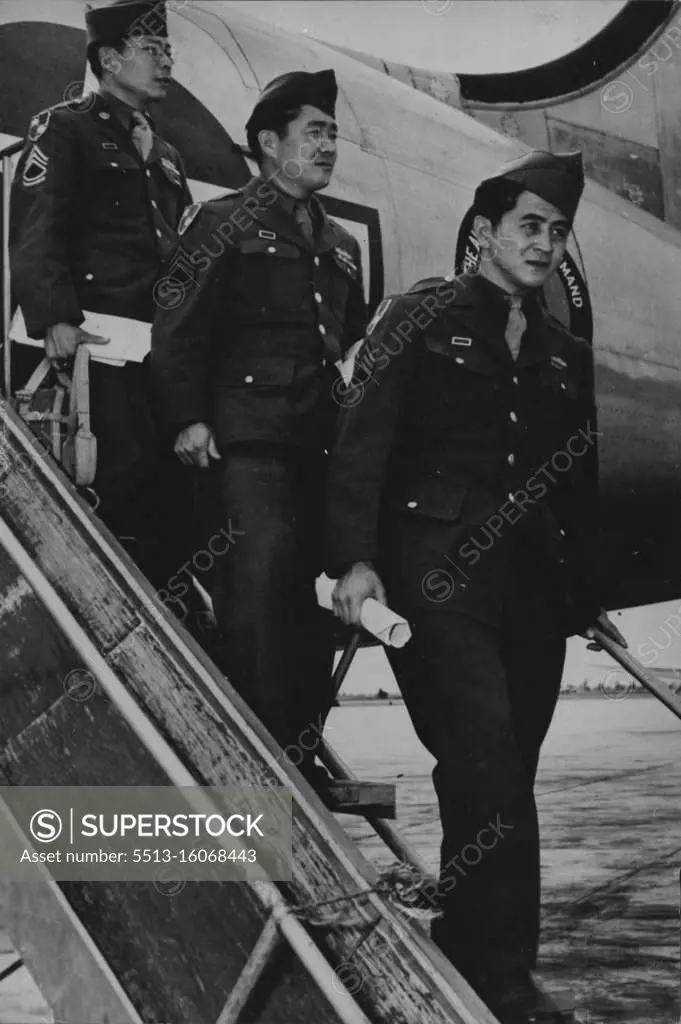 Americans Of Japanese Descent Return From Burma Fighting -- Three American soldiers of Japanese ancestry arrive at a southern U.S. airbase after months of jungle fighting against the Japanese in the India-Burma theater of war. All three were with Major General Frank Merrill's Marauders, famous jungle fighter group. They are; Staff Sergeant Herbert Y. Miyasaki (center), Sergeant Robert Y. Honda (left), and Sergeant Katsuhiro Kona who wears the Bronze Star, military decoration awarded for meritorious achievement in combat against the enemy on the ground. All three are wearing the Presidential Citation ribbon, by authority of U.S. President Franklin D. Roosevelt. January 30, 1945. (Photo by U.S. Office of War Information Picture).