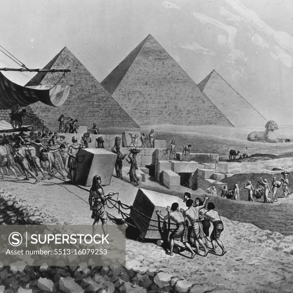 The Seven Wonders Of The World - Joseph Boggs Beale, American artist (1841-1926), here pictures his conception of the Seven Wonders of the Ancient World. Of these wonders, only the Pyramids of Egypt have survived. These drawings are from the modern Galleries in Philadelphia from whom the (name of paper) has obtained exclusive reproduction rights. The Great Pyramid Of Gizeh (center) is the largest of the Egyptian pyramids which comprise the only remaining Wonder of the Ancient World. At the right in this picture is the Sphinx, a crouching lion with a human head, cut from a single huge block of stone. The great pyramid is more than 450 feet high and its base covers 13 acres. It was built in the fifth century B.C. January 21, 1939. (Photo by Register And Tribune Syndicate Photo Service).