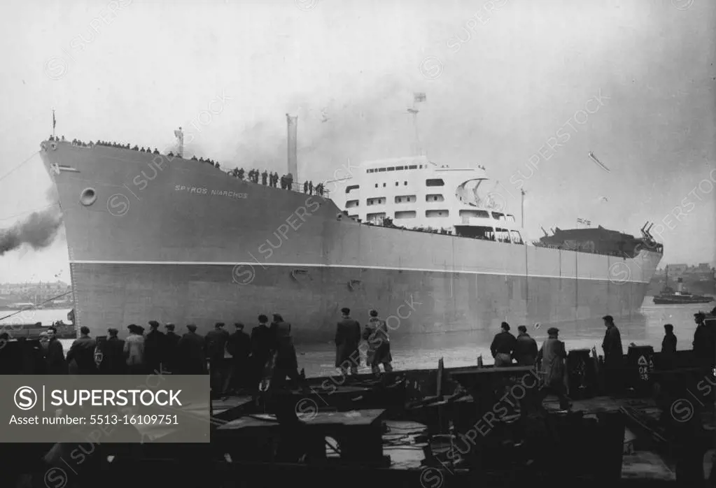 World's Largest Tanker Launched - The 757 foot length of the Spyros Niarchos, world's largest tanker, safely enters the water after her launch from the Vickers-Armstrong yards at Barrow-in-Furness, Lancashire, to-day (Friday). The tanker is 47,750 deadweight tons. December 2, 1955. (Photo by Reuterphoto).