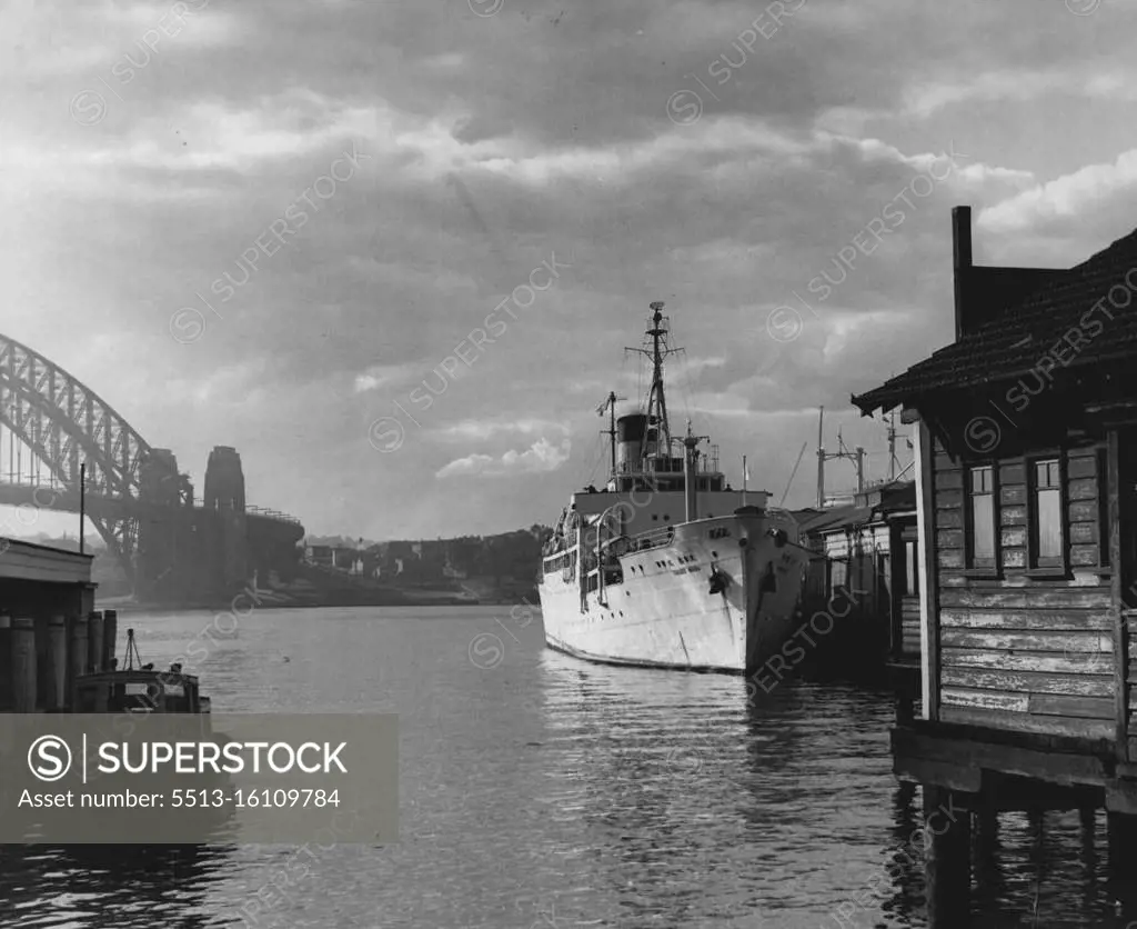 The Taisei Maru training ship of the Institute of the Japanese Ministry of Transportation which is in Sydney on a six days visit berthed at Circular Quay. August 04, 1955. (Photo by Alec Iverson/Fairfax Media).