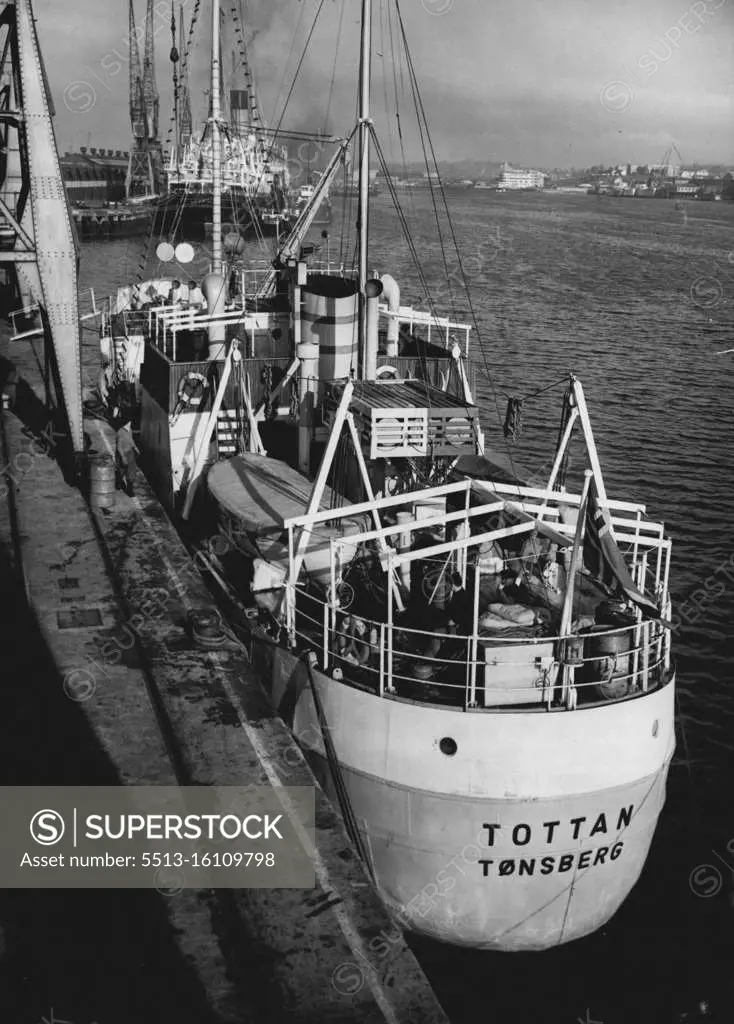 Second Expeditions Ready For Antarctic -- The Tottan at Southampton to-day. The Norwegian Wealing ship Tottan (540 tons) is to sail from Southampton tomorrow, Tuesday, taking the Royal Society's antarctic expedition advance party to the Antarctic. There are nine men with the 35-year-old leader, Surgeon Lieutenant -Commander David Dalgleish, Rt. The party will try to reach the Vahsel Bay region of the Feddell sea, where they will erect a research station on the Antarctic mainland. A second party, 18 strong and consisting mainly of scientific workers, will sail in a year's time to relieve the advance party and complete the Royal Society's Antarctic station for the International Geophysical Year (July 1957- December 1958). November 21, 1955. (Photo by Reuterphoto).