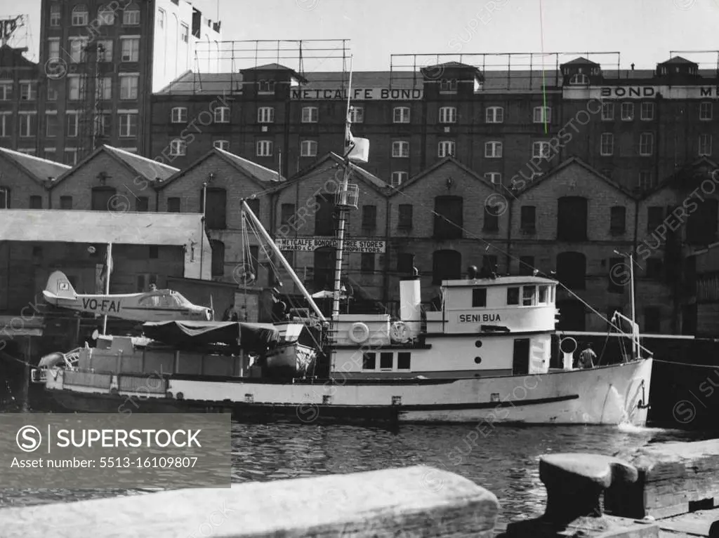 A 73 foot American built Tuna fishing boat, arrived in Sydney on Sunday for the South Seas Marine Products Co. The X "Senibua" is equipped with a Piper Cub seaplane and sailed from America. She has been used for Tuna fishing in Fiji and is expected to hunt Tuna off the South N3W coast. September 24, 1950. (Photo by John Needham). 