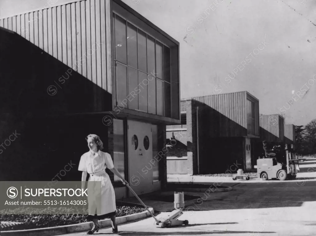 "Atoms" for Export -- The new laboratories at the Radiochemical Centre, Amersham, consist of four separate buildings. The wooden, glass fronted structures above the entrances house the ventilating equipment for each building. April 07, 1954. (Photo by Sport & General Press Agency Limited).