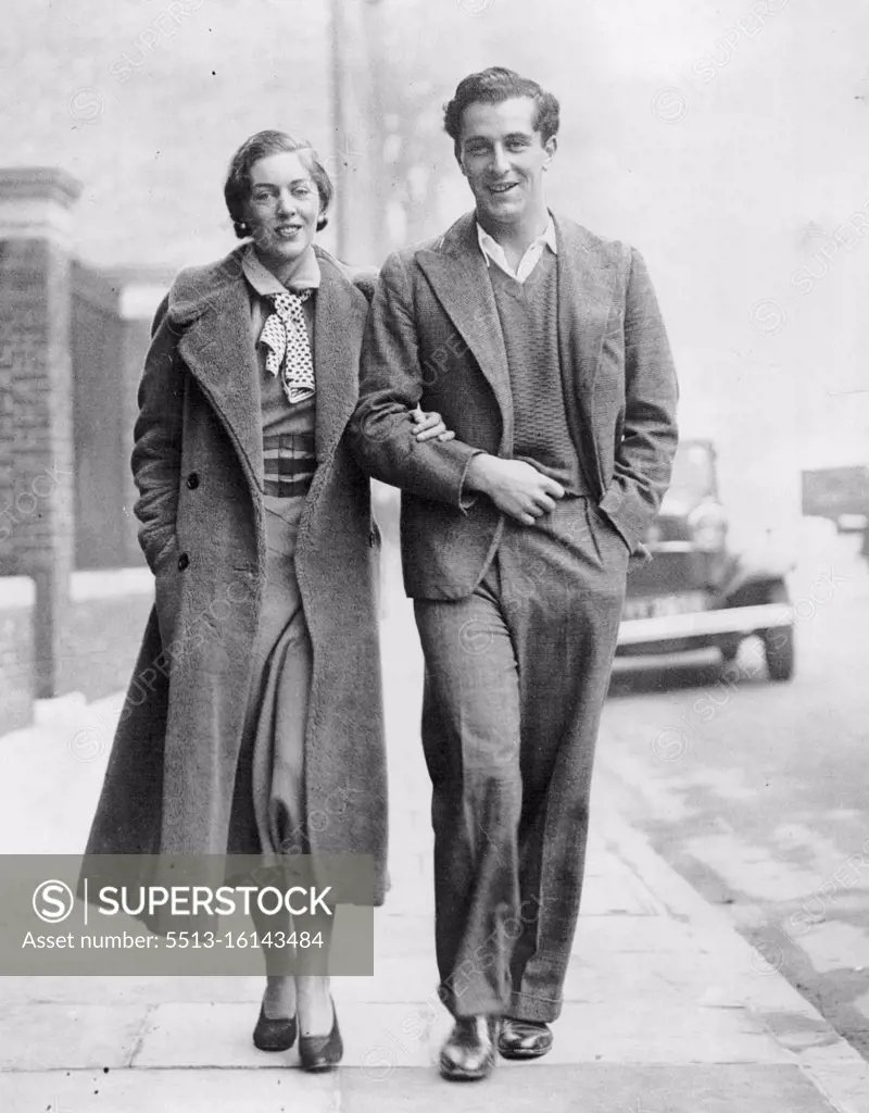 Rothschild's Heir --Mr. Victor Rothschild, 23-years-old and heir of Lord Rothschild, photographed at Cambridge with his fiancee, Miss Barbara Hutchinson, who was recently admitted into the Jewish faith. December 21, 1933.