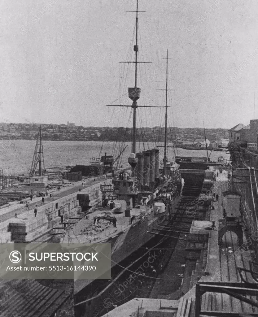 The Japanese cruiser Hirado in Dock at Cockatoo Island, New South Wales. The Imperial Japanese Navy cruiser Hirado, in drydock at Cockatoo Island dockyard, Sydney, in 1917. Japanese warships escorted Australian troopships to the middle east during world war I and took part in convoy work along the East coast. May 08, 1917. (Photo by Australian Commonwealth Shipping Board).