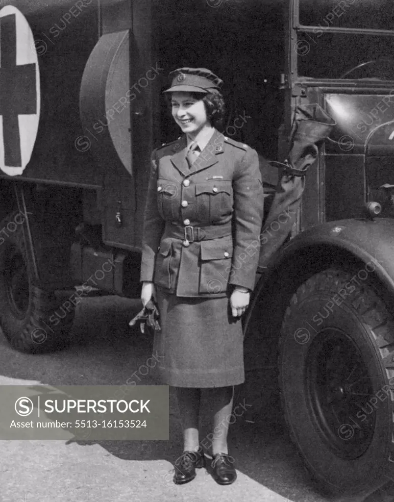 Princess Elizabeth Trains As A.T.S. Officer. H.R.H. Princess Elizabeth in A.T.S. Officers Uniform. Photographs of Princess Elizabeth, who is a Second Subaltern in the A.T.S., undergoing training at an A.T.S Training Centre in Southern England. April 12, 1945. (Photo by Topical Press).