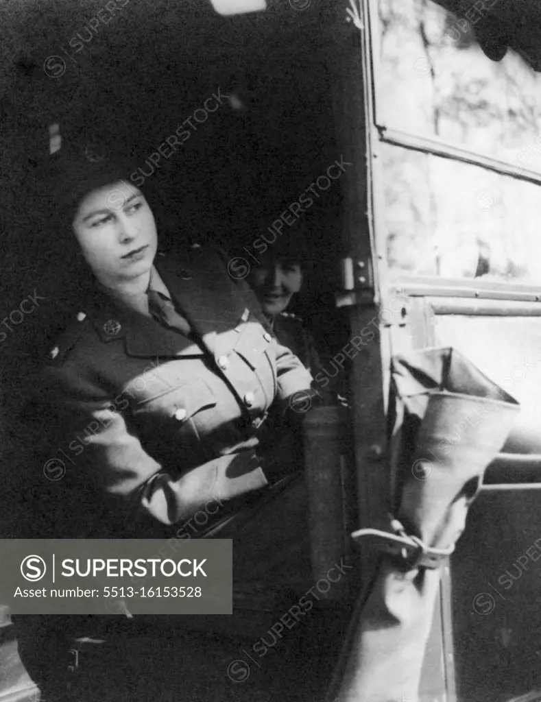 Princess Elizabeth Trains As A.T.S. Officer. Princess Elizabeth seated at the driving wheel of an ambulance. She has undergone a course of driving instruction at the centre. Photographs of Princess Elizabeth who is a second subaltern in the A.T.S. undergoing training at an A.T.S. Training Centre in Southern England. April 1, 1945. (Photo by British Official Photo).