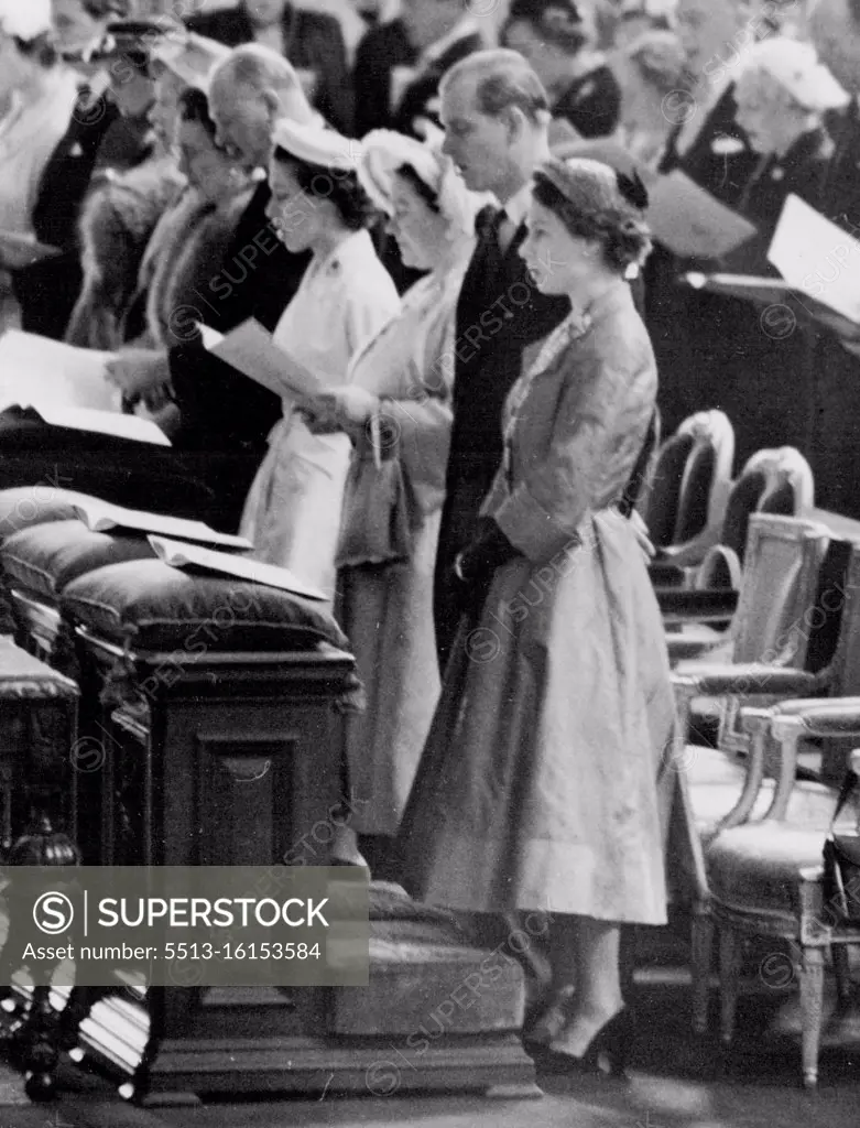 Queen And The Duke Go To St. Paul's Service The Queen, with the Duke of Edinburgh and Queen Elizabeth the Queen Mother are pictured during the Coronation Thanksgiving Service at St. Paul's Cathedral, London, to-day. The Queen drove from Buckingham Palace to attend the service, at which Dr. Fisher, the Archbishop of Canterbury, preached the sermon. Sir Winston Churchill, the Prime Minister, read the lesson. June 6, 1953.