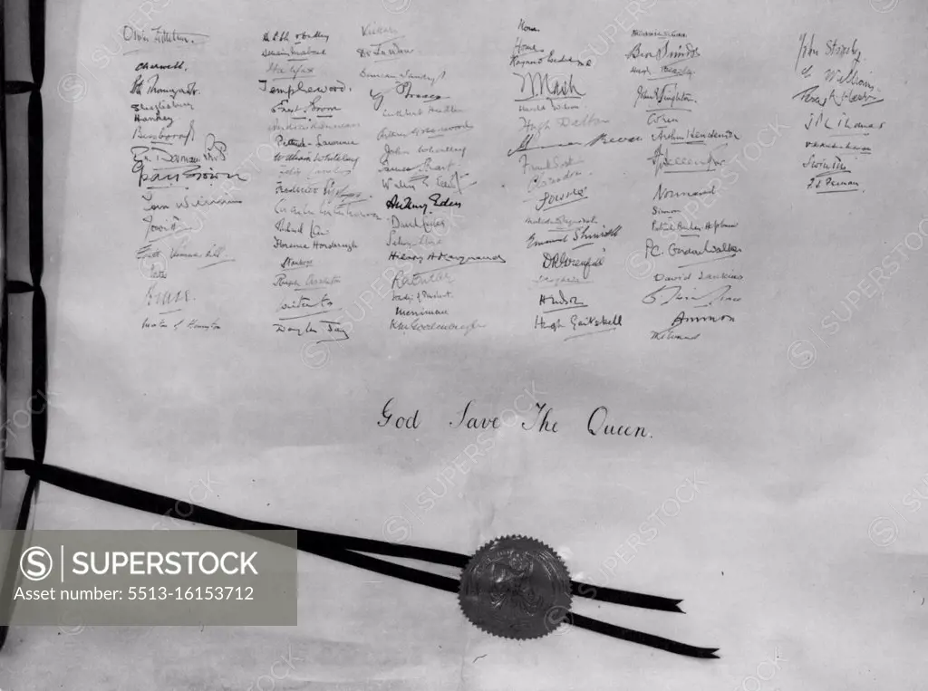 Proclamation - The Actual Document. Shown here is the second - and concluding - part of the original Proclamation of the accession of Queen Elizabeth II, copies of which have been read throughout Britain and the Commonwealth. Standing out boldly in the third column of signatures is that of Mr. Anthony Eden. The document concludes with the words 'God Save the Queen' and the King's seal (the new Queen's seal not yet having been made). February 8, 1952. (Photo by Reuterphoto).