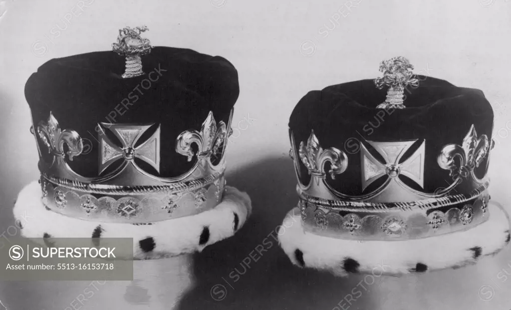 Coronets For The Princesses The two light-weight Coronets which have been made for Princess Elizabeth and Princess Margaret rose for the coronation, by Garrad & Co., The crown jewellers. During a recent visit to Messrs. Garrard's The Queen inspected the coronets and suggested certain minor alterations, which have now been carried out. The Coronets new completed. April 15, 1937. (Photo by Sport & General Press Agency, Limited)