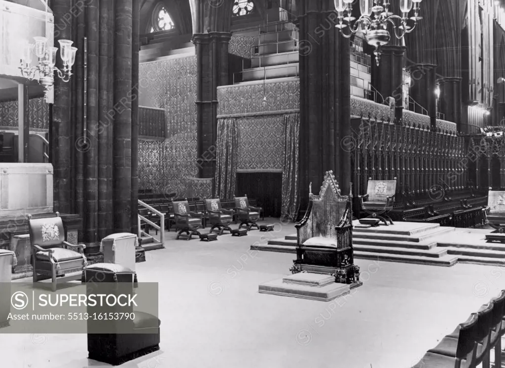 Historic Block Taken From Coronation -- The view from the Altar showing the coronation chair with the scone stone beneath the seat, in its setting. The historic scone stone (on which Scots kings were crowned) was stolen from beneath the seat of the Coronation chair in Westminster Abbey in the early hours of Christmas Day. The Stone was taken from Scotland more than 600 years ago. (The chair was made i 1299- three years after the Scone Stone was seized by Edward I ("Long Shanks"). December 27, 1950. (Photo by Fox Photos).