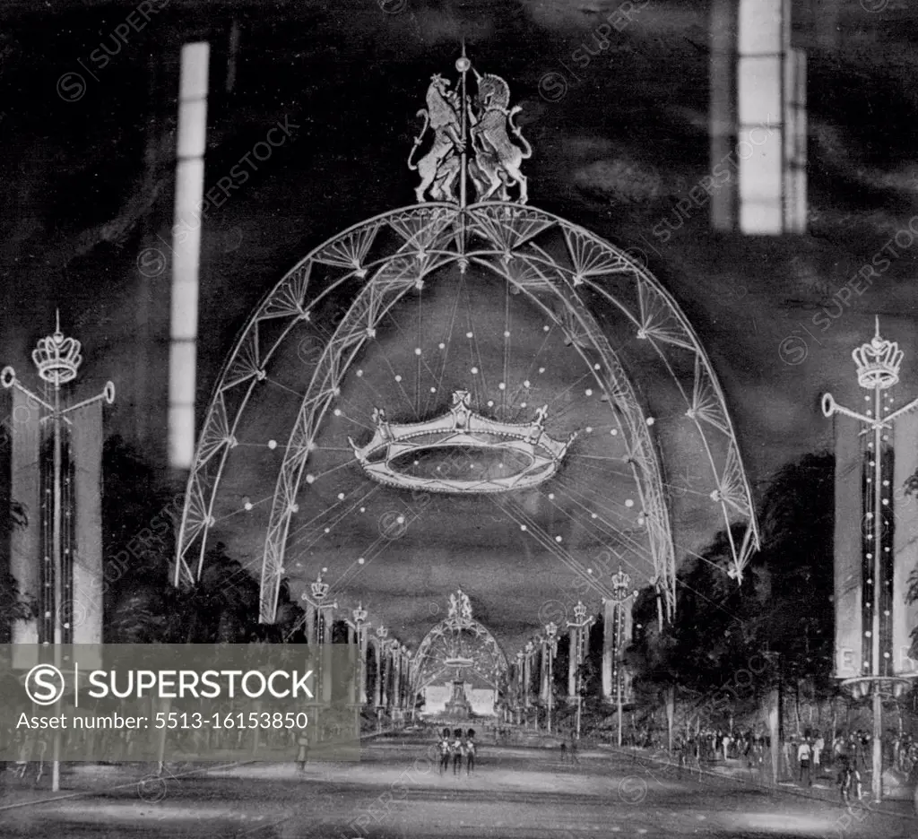 Coronation Pictures On ***** -- The architects drawing of the Mall by night. The Ministry of Works is holding an exhibition, in the Pillared Hall, Government Offices, Whitehall Gardens, London, of drawings, paintings and water colours recording the Coronation. The pictures have been bought by the Ministry from artists who were allotted seats along the Coronation route. The pictures and drawings will eventually be hung in Embassies and Consulates as well as in other buildings at home and overseas. November 4, 1953. (Photo by Daily Mail Contract Picture).