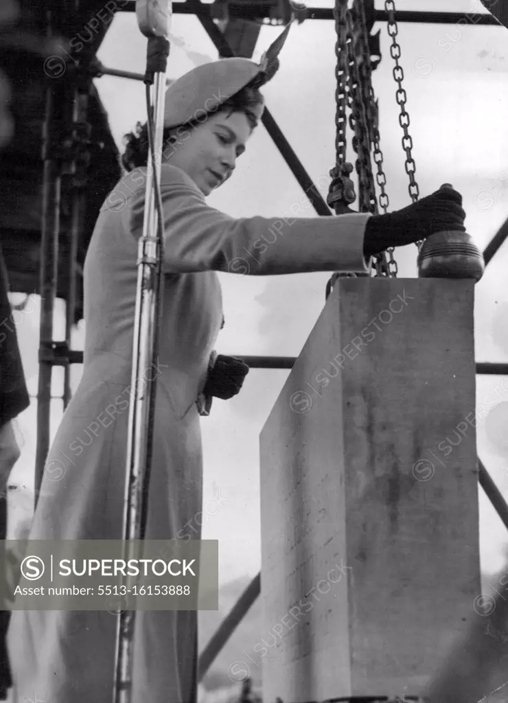 Princess Elizabeth laying the foundation stone of the new St. Marys College, at Durham, recently. During her visit to the Picturesque city, the Princess inspected the historic cathedral and listened to singing by choristers. October 31, 1947. (Photo by Associated Press Photo).