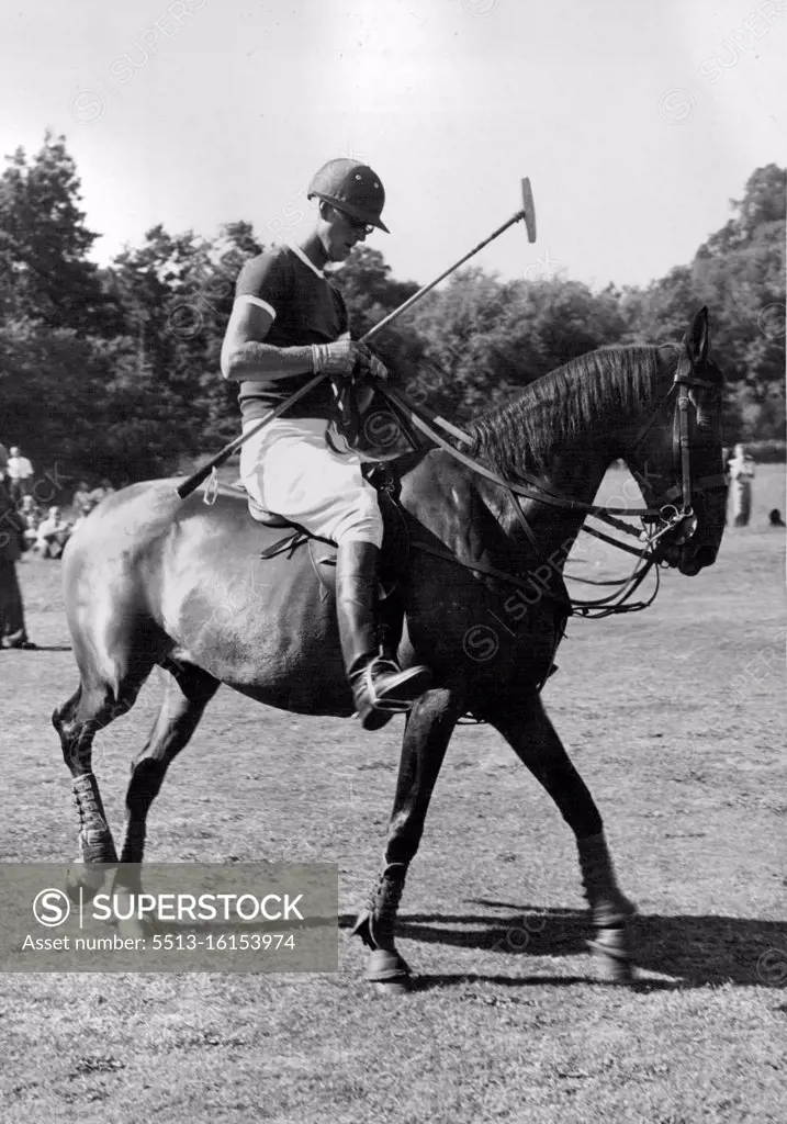 The Duke of Edinburgh Plays Polo -- The Duke of Edinburgh takes the field for the polo match on Saturday, 28th July. The Duke of Edinburgh played polo for the Maidensgrove team against Hertfordshire in the 2nd round of the Cowdray park Junior challenge cup, At the Sutton park polo club ground. The Duke scored 2nd goal to help his team to win by 4½ to 2. July 30, 1951. (Photo by Fox Photos).