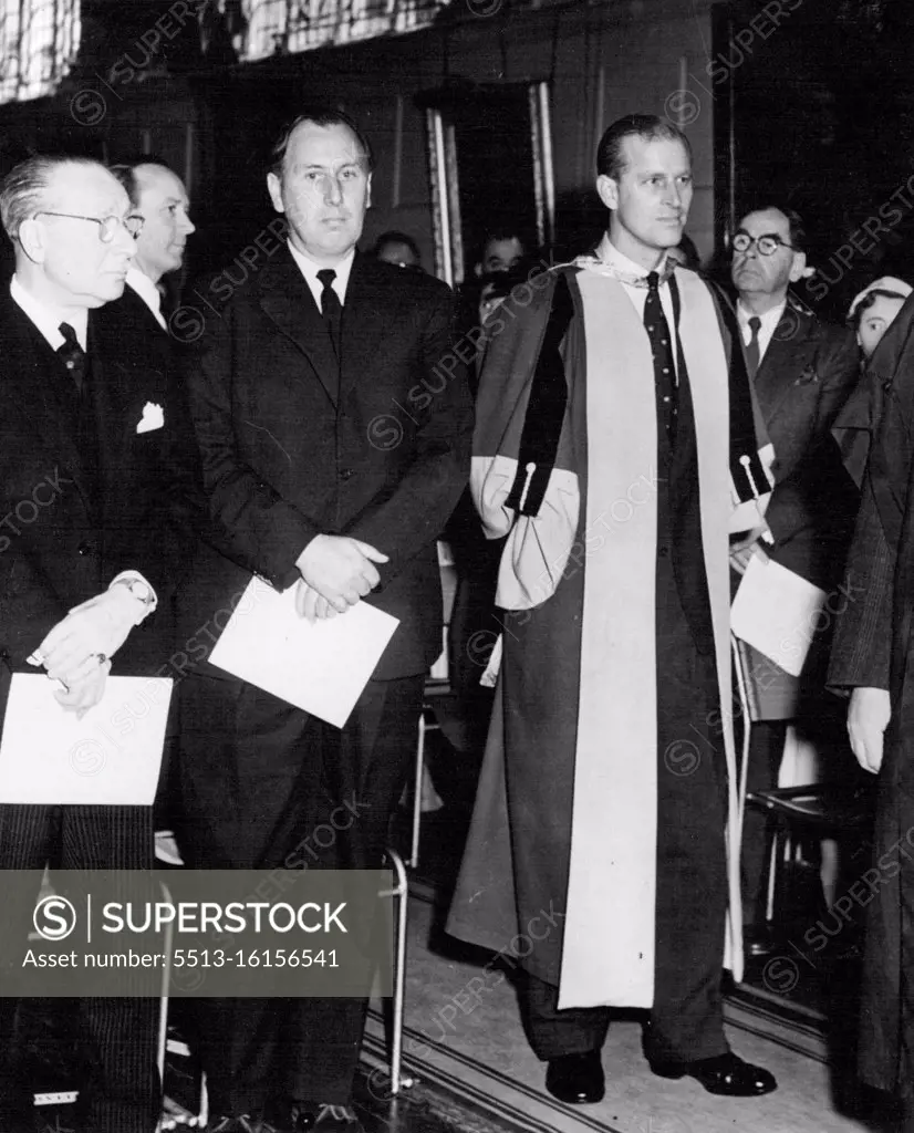 The Hon. Fellow -- The Duke of Edinburgh in the robes of Honoury Fellow of the Royal College of Arts had the convocation of the R.C.A. which the Duke visited on Friday. July 8, 1955. (Photo by London Express News and Feature Services Picture). 