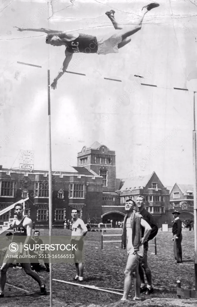 Up And Over - Neil King, Yale pole vaulter, goes over the bar easily at feet in the 15th annual heptagonal games today. King went on to tie Dick Bastar, Army, for first place honors at 13 feet 4 inches. May 14, 1949. (Photo by AP Wirephoto).