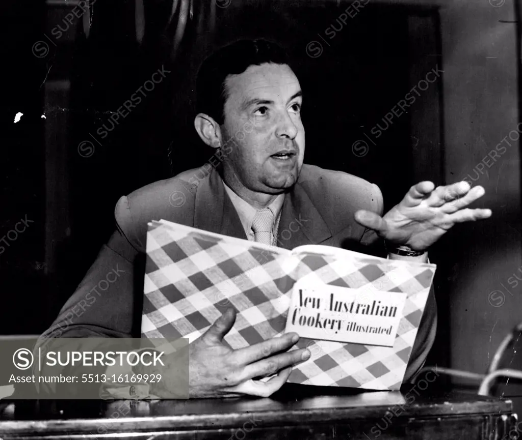 Radio station 2UE's chief announcer, Bob Pollard, who praises the New Australian Cookery book. May 30, 1952.