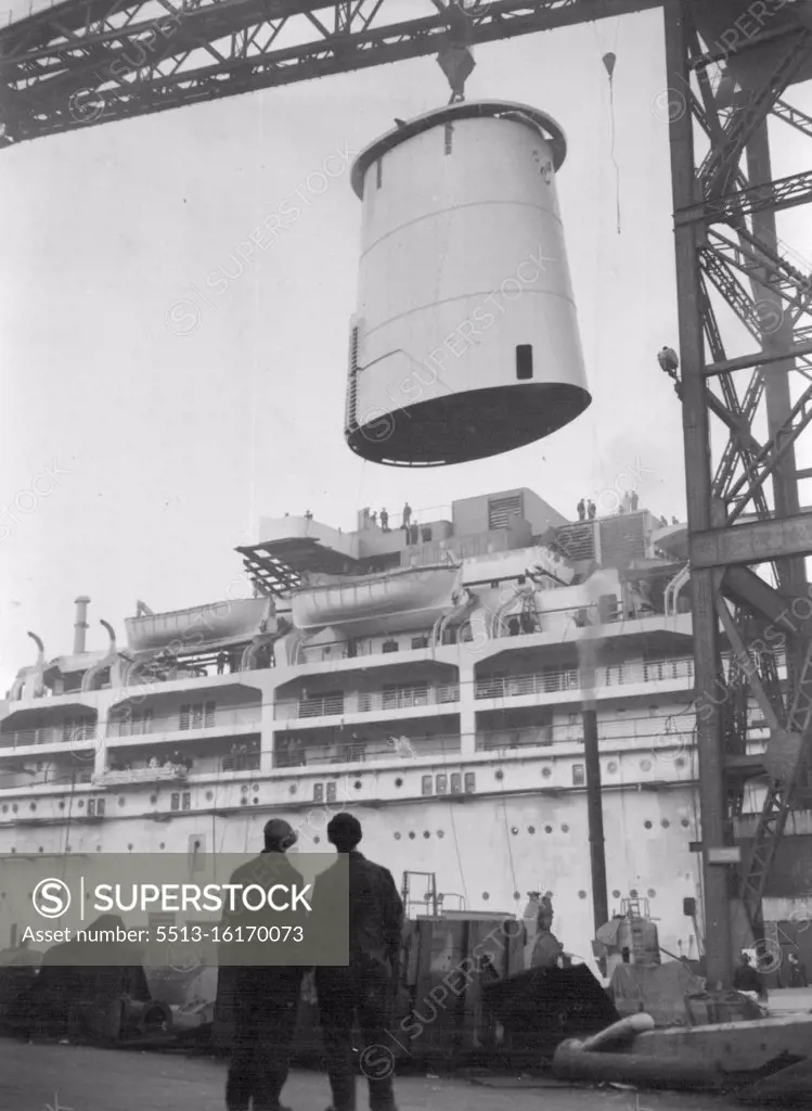 Nearing Completion: The funnel of the new Orient liner Orsova, goes into position in the shipyard at Barrow. It is more than 43ft high. Orsova is due in Sydney on April 19, on her maiden voyage. January 26, 1954.